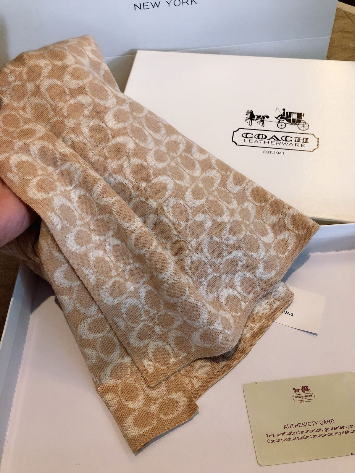 COACH KNIT CASHMERE SCARF CAMEL BROWN MIX WHITE 619591