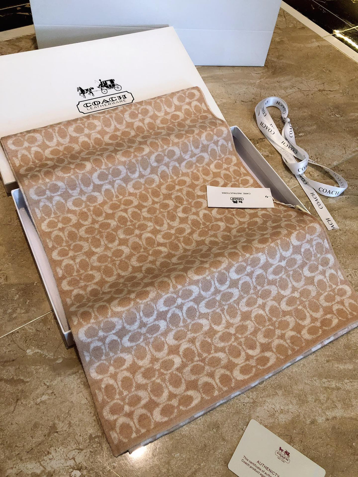 COACH KNIT CASHMERE SCARF CAMEL BROWN MIX WHITE 619591