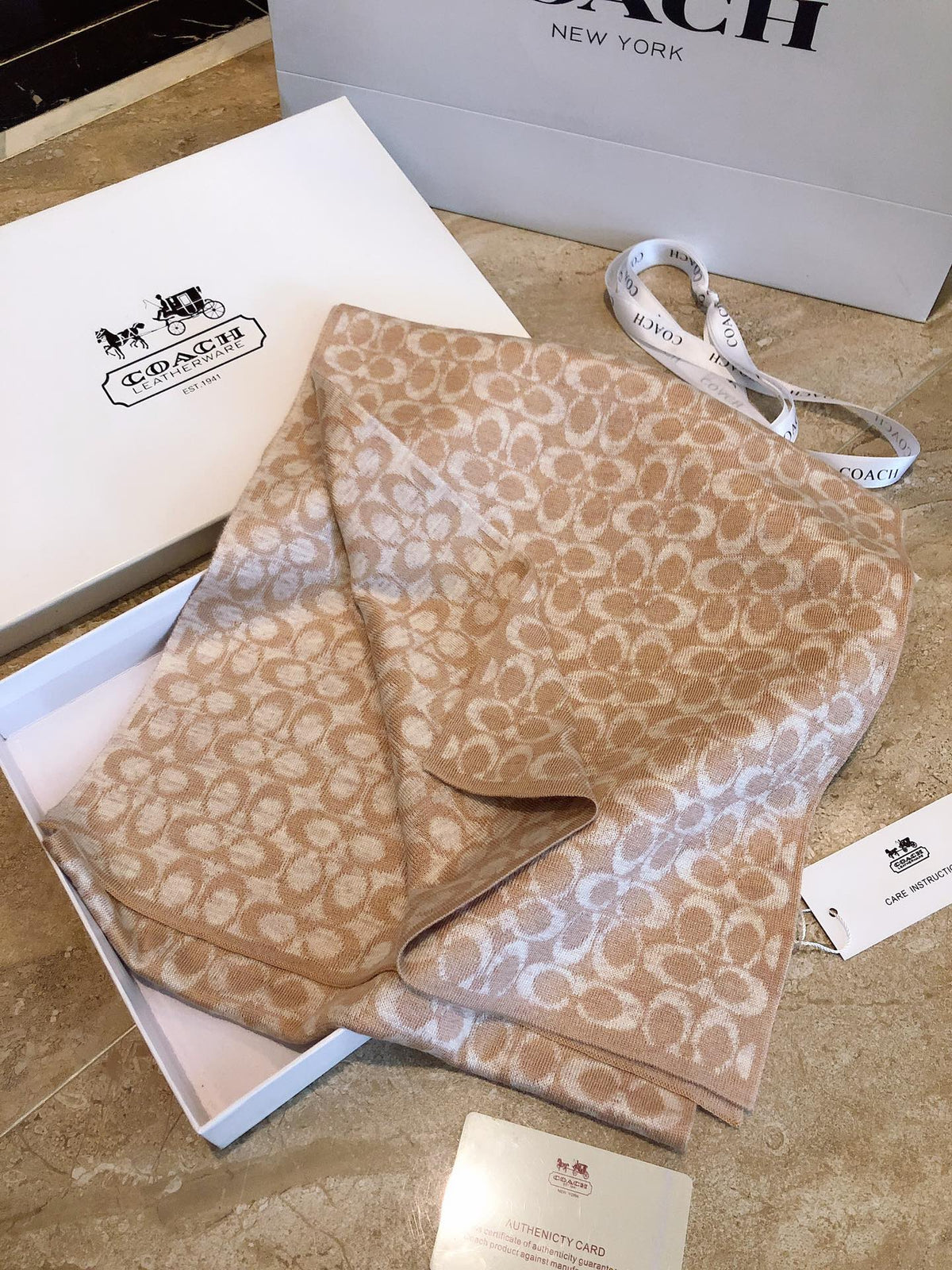 COACH KNIT CASHMERE SCARF CAMEL BROWN MIX WHITE 619591