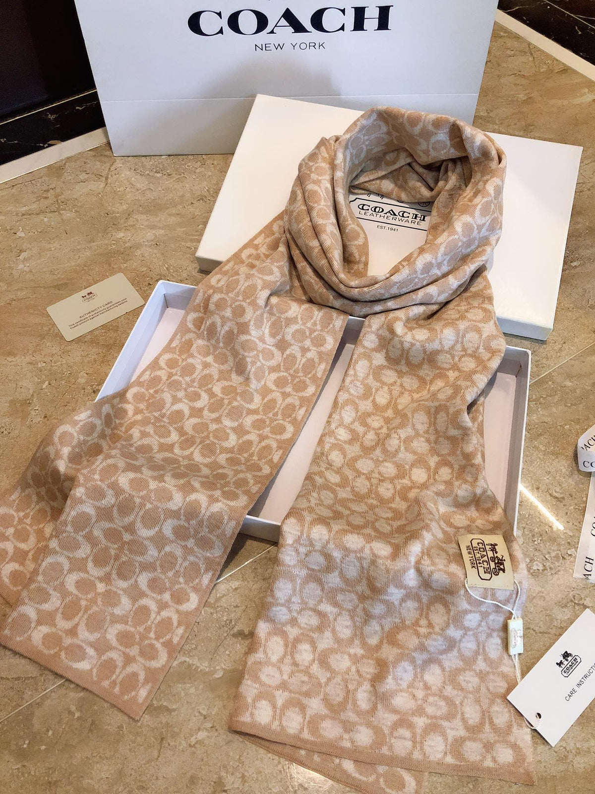 COACH KNIT CASHMERE SCARF CAMEL BROWN MIX WHITE 619591