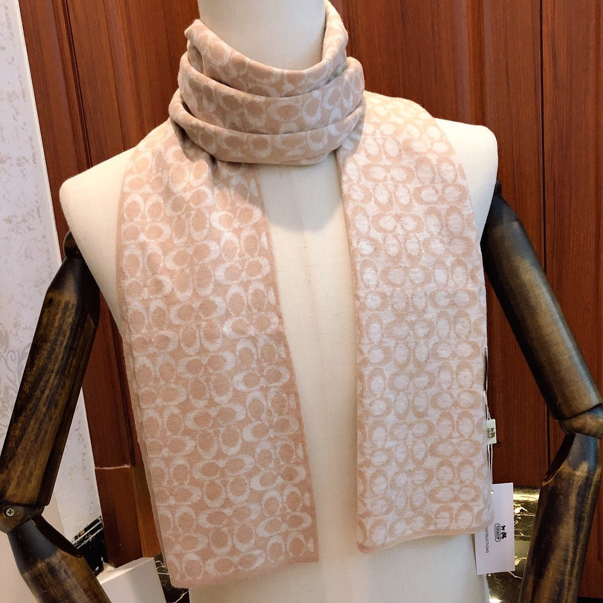 COACH KNIT CASHMERE SCARF CAMEL BROWN MIX WHITE 619591