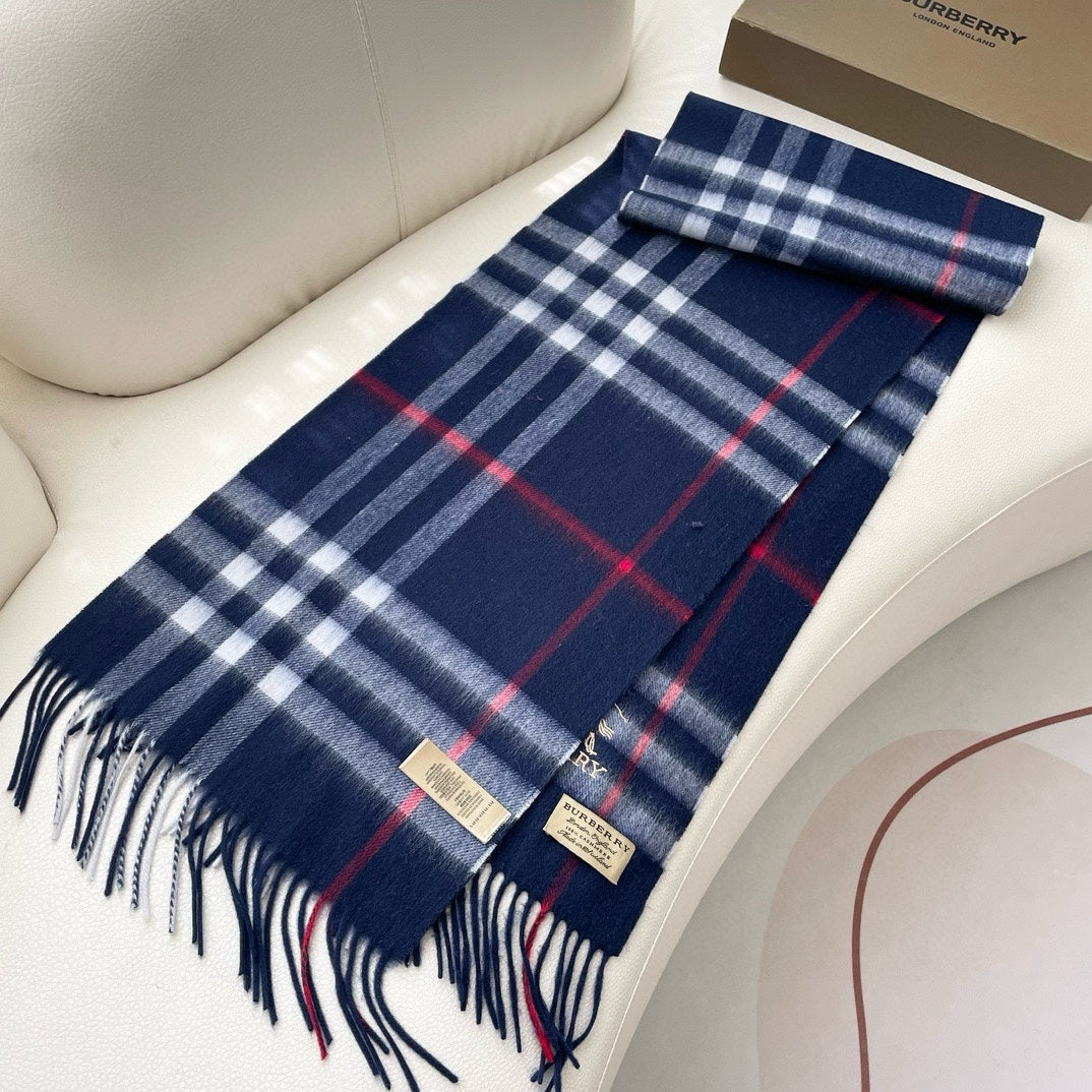 BURBERRY CHECK SCARF 180 CM IN INDIGO BLUE MIX WHITE CASHMERE 405480
