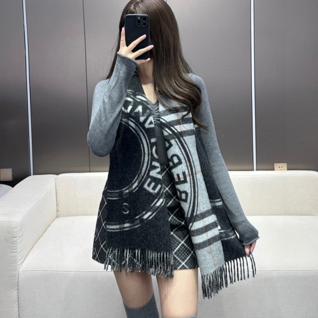 BURBERRY SCARF 180 CM IN BLACK AND LIGHT GRAY CASHMERE 407242