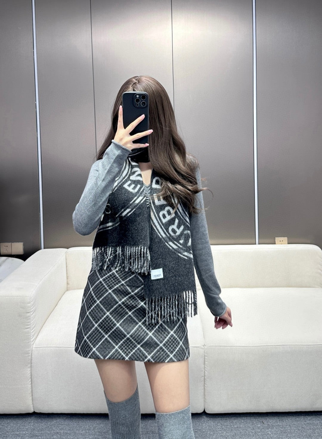 BURBERRY SCARF 180 CM IN BLACK AND LIGHT GRAY CASHMERE 407242