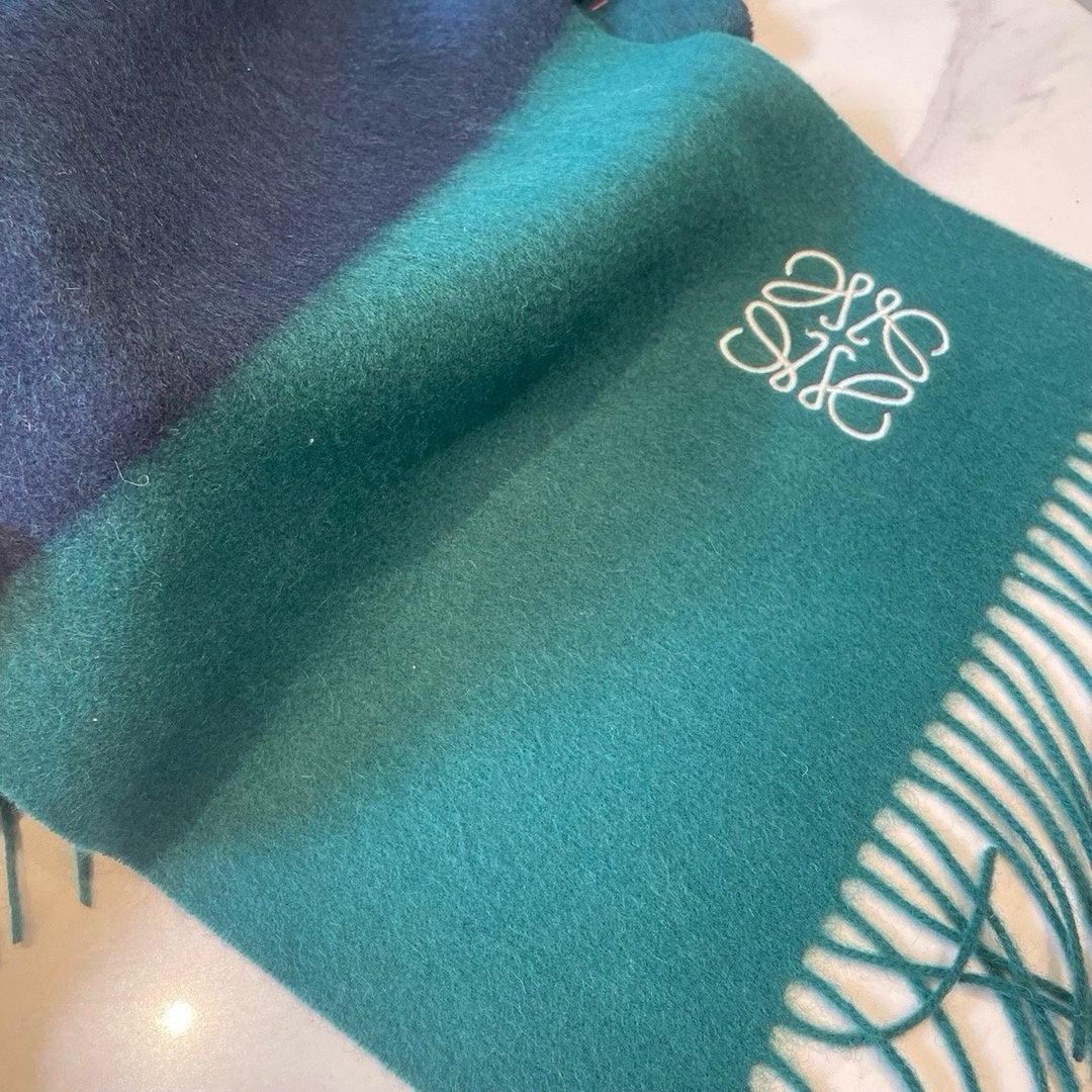 LOEWE SCARF 180 CM IN TEAL GREEN MIX NAVY BLUE WOOL AND CASHMERE 415204