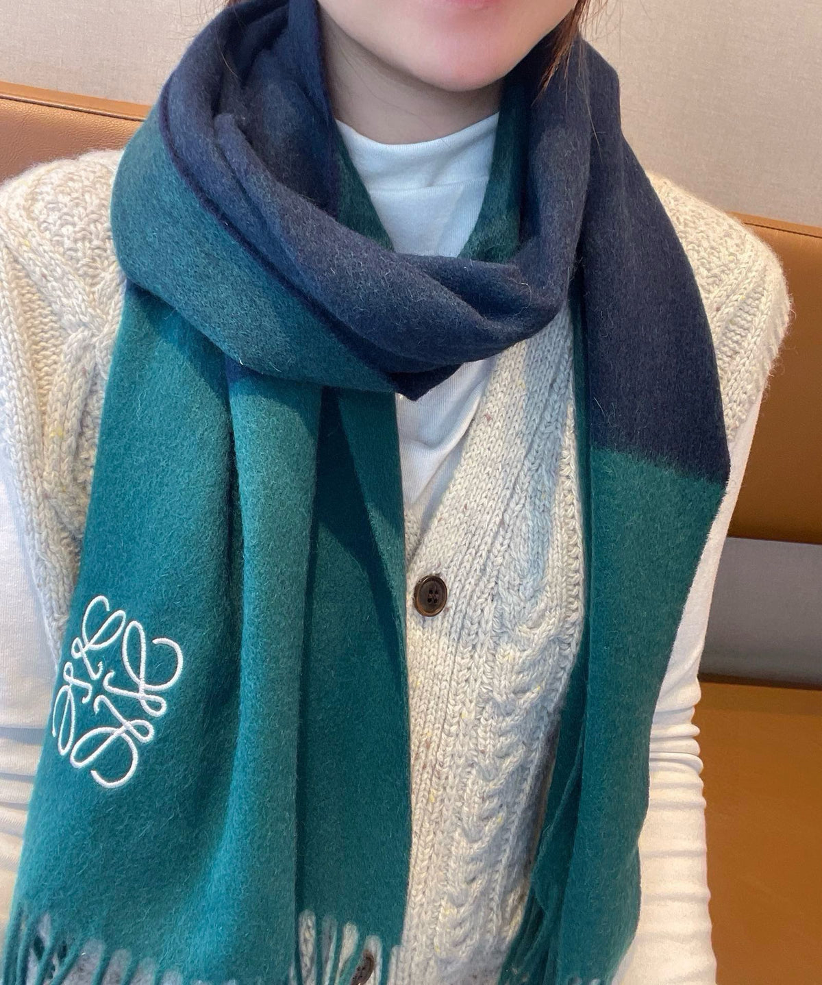 LOEWE SCARF 180 CM IN TEAL GREEN MIX NAVY BLUE WOOL AND CASHMERE 415204