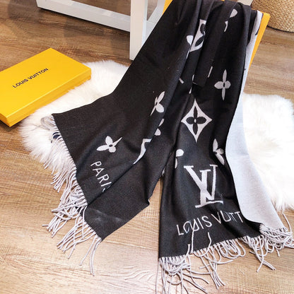 LOUIS VUITTON REYKJAVIK SCARF 180 CM IN BLACK MIX WHITE CASHMERE 392870