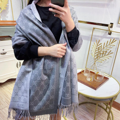 GUCCI JACQUARD PATTERN KNIT SCARF 180 CM IN COOL GRAY WOOL 402421
