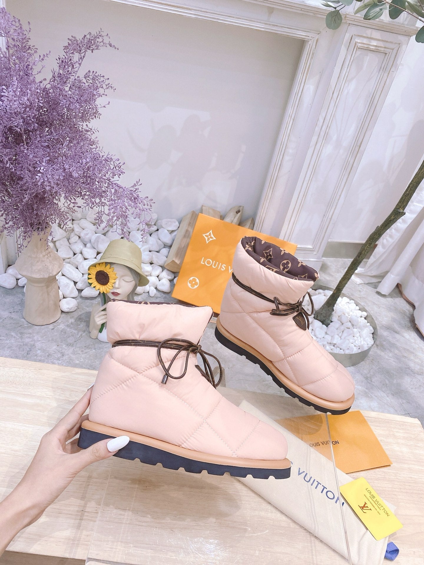 LOUIS VUITTON PILLOW COMFORT ANKLE BOOTS IN LIGHT PINK NYLON