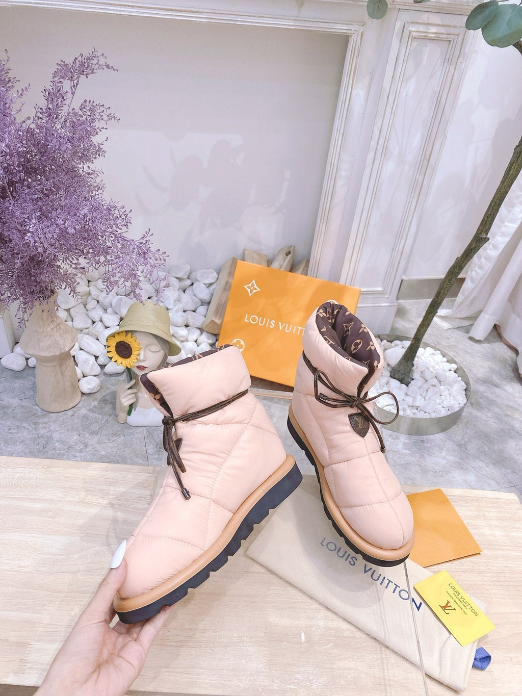 LOUIS VUITTON PILLOW COMFORT ANKLE BOOTS IN LIGHT PINK NYLON