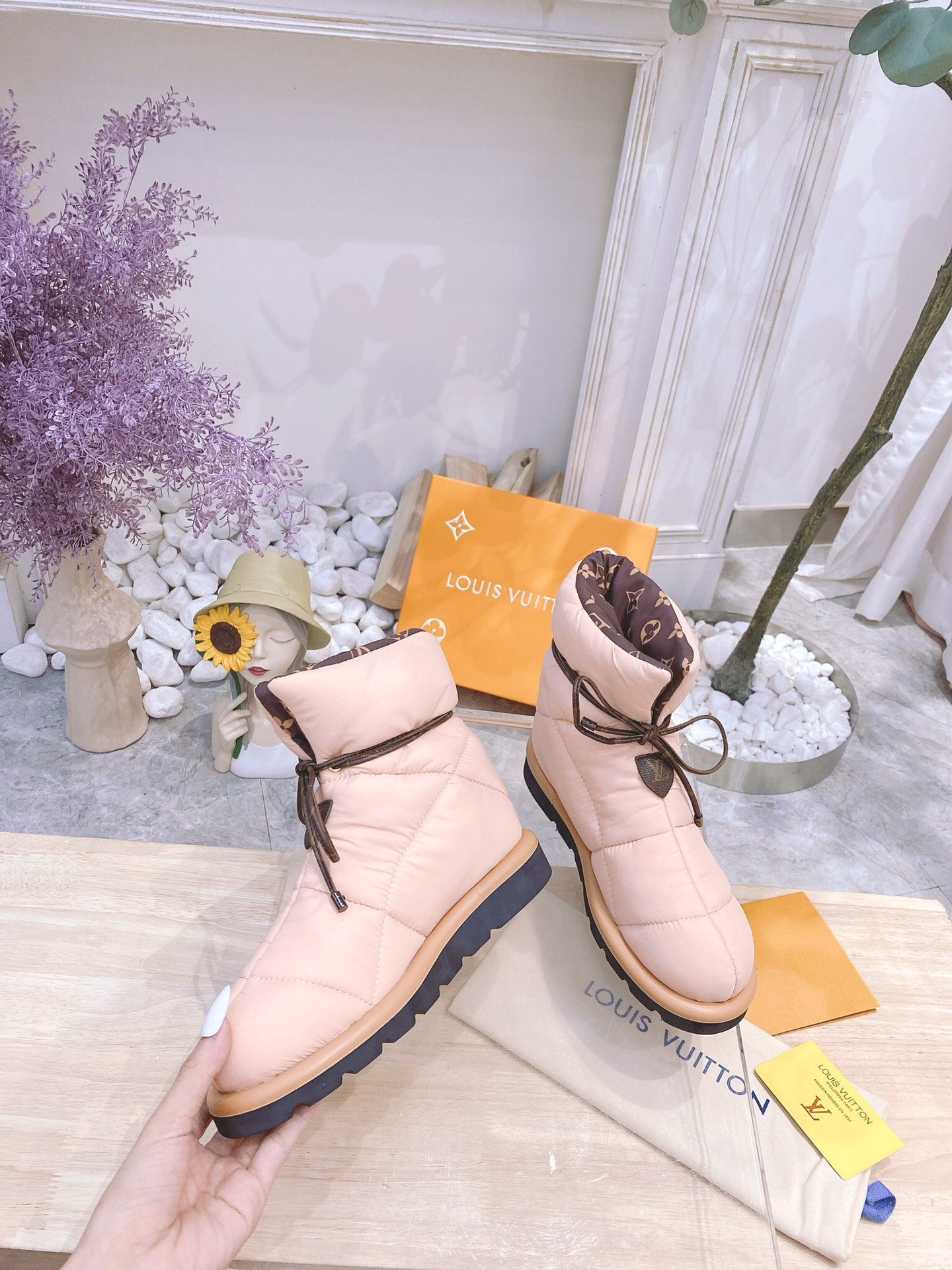 LOUIS VUITTON PILLOW COMFORT ANKLE BOOTS IN LIGHT PINK NYLON