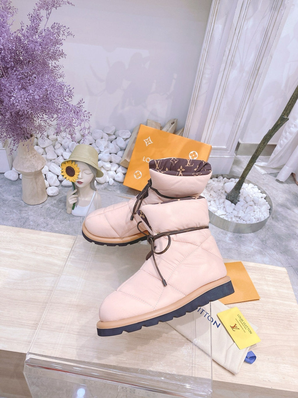 LOUIS VUITTON PILLOW COMFORT ANKLE BOOTS IN LIGHT PINK NYLON