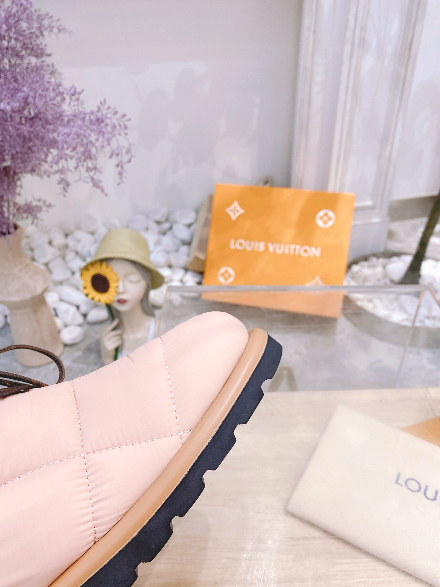 LOUIS VUITTON PILLOW COMFORT ANKLE BOOTS IN LIGHT PINK NYLON