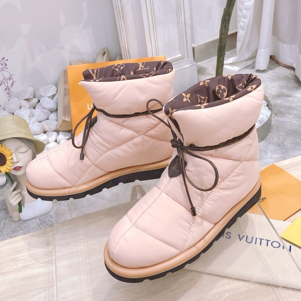 LOUIS VUITTON PILLOW COMFORT ANKLE BOOTS IN LIGHT PINK NYLON