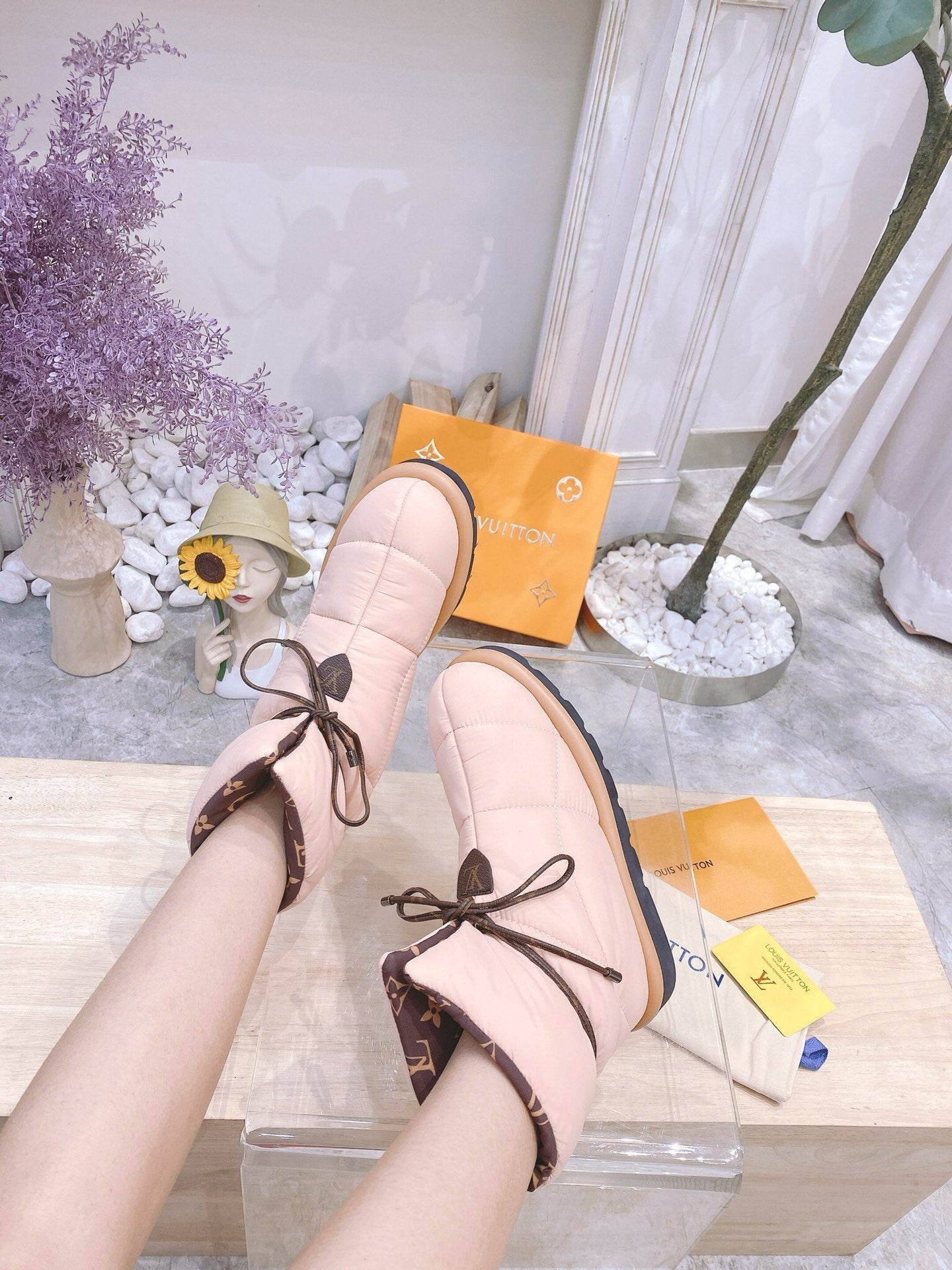 LOUIS VUITTON PILLOW COMFORT ANKLE BOOTS IN LIGHT PINK NYLON