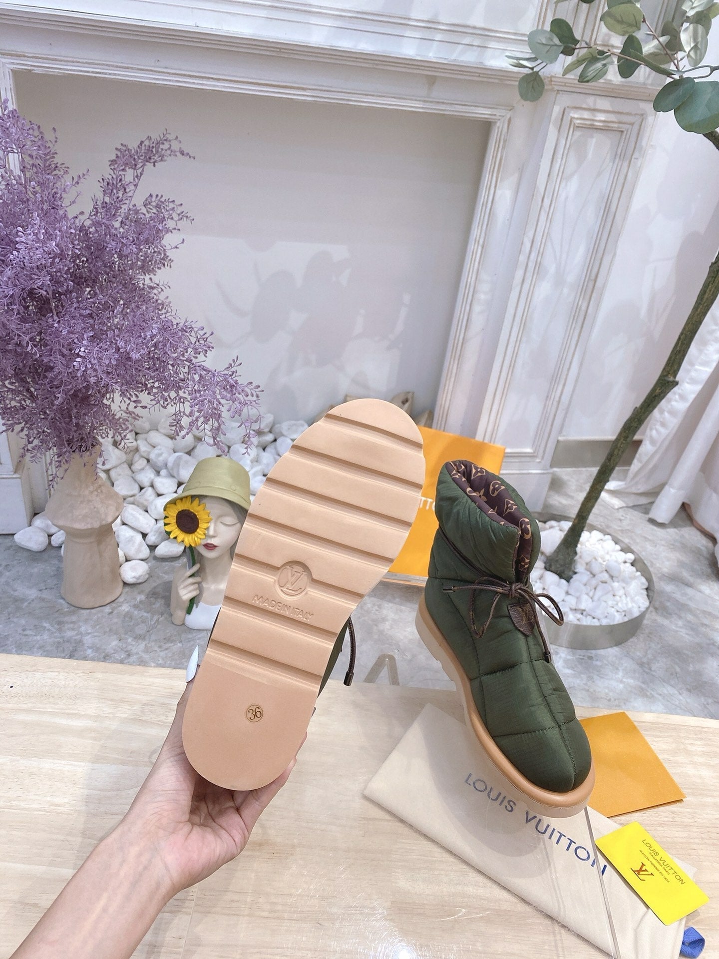 LOUIS VUITTON PILLOW COMFORT ANKLE BOOTS IN ARMY GREEN NYLON
