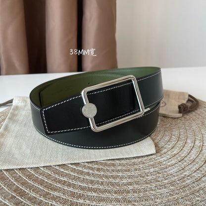 HERMES OSCAR BELT BUCKLE & REVERSIBLE OLIVE GREEN AND BLACK LEATHER STRAP 38MM SILVER HARDWARE