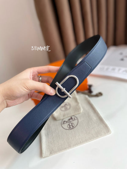 HERMES ITHAQUE BELT SILVER BUCKLE & REVERSIBLE NAVY BLUE AND BLACK LEATHER STRAP 38MM