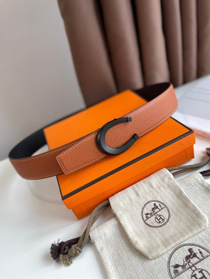 HERMES LUCK BELT BUCKLE & REVERSIBLE GINGER ORANGE AND BLACK LEATHER STRAP 38MM