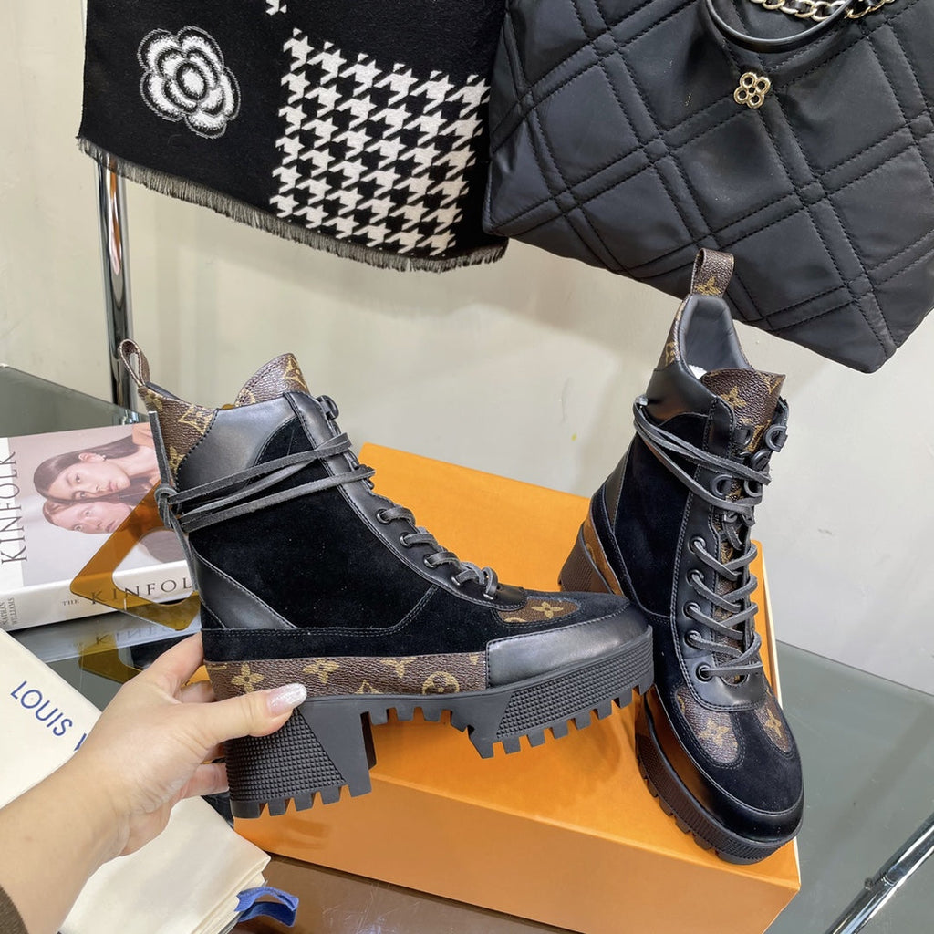 LOUIS VUITTON LAUREATE PLATFORM BOOTS IN BLACK SUEDE AND CHOCOLATE BROWN CALFSKIN