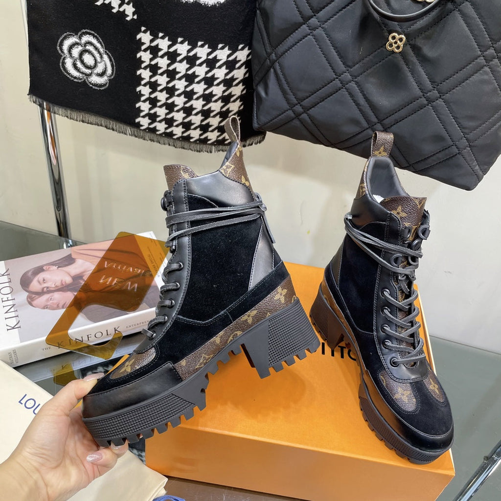 LOUIS VUITTON LAUREATE PLATFORM BOOTS IN BLACK SUEDE AND CHOCOLATE BROWN CALFSKIN