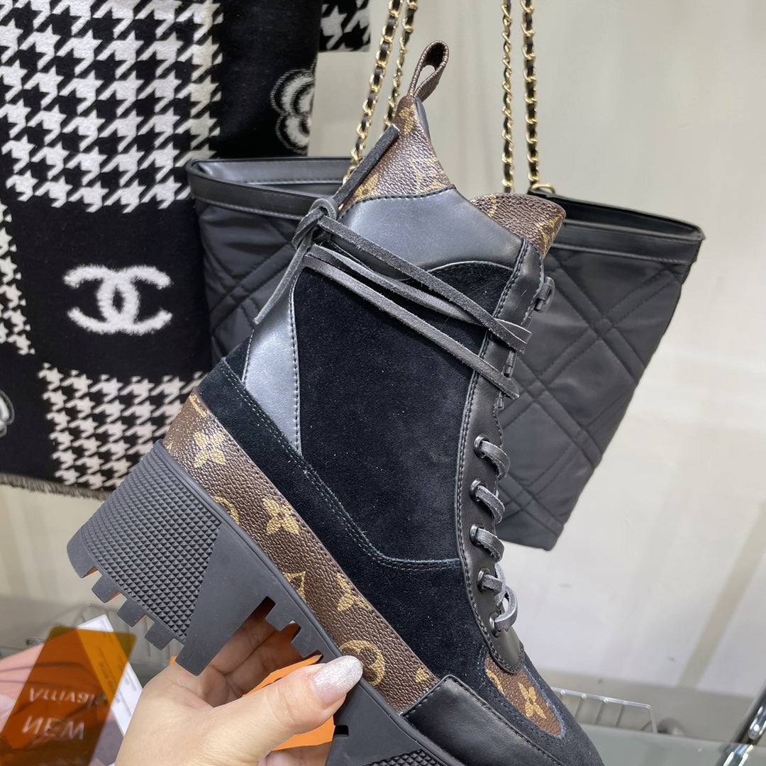 LOUIS VUITTON LAUREATE PLATFORM BOOTS IN BLACK SUEDE AND CHOCOLATE BROWN CALFSKIN