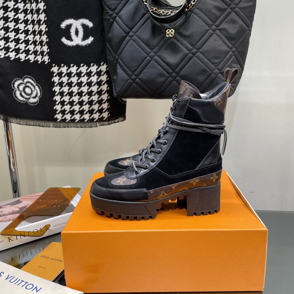 LOUIS VUITTON LAUREATE PLATFORM BOOTS IN BLACK SUEDE AND CHOCOLATE BROWN CALFSKIN