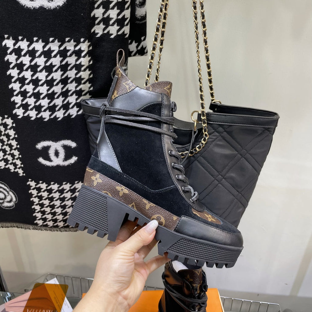 LOUIS VUITTON LAUREATE PLATFORM BOOTS IN BLACK SUEDE AND CHOCOLATE BROWN CALFSKIN