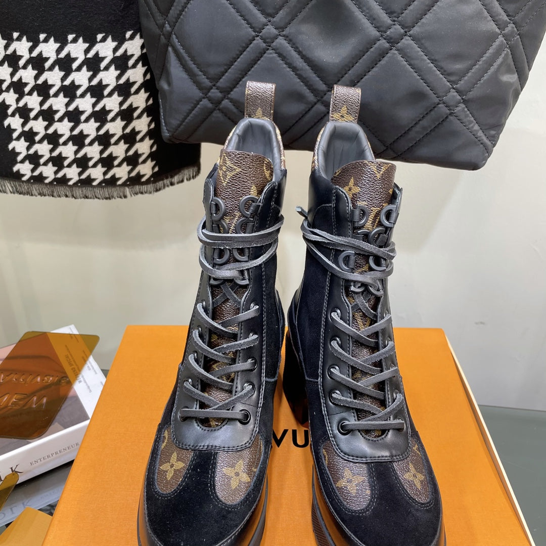LOUIS VUITTON LAUREATE PLATFORM BOOTS IN BLACK SUEDE AND CHOCOLATE BROWN CALFSKIN