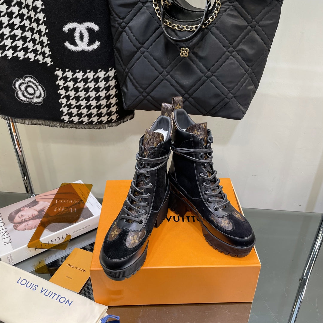LOUIS VUITTON LAUREATE PLATFORM BOOTS IN BLACK SUEDE AND CHOCOLATE BROWN CALFSKIN