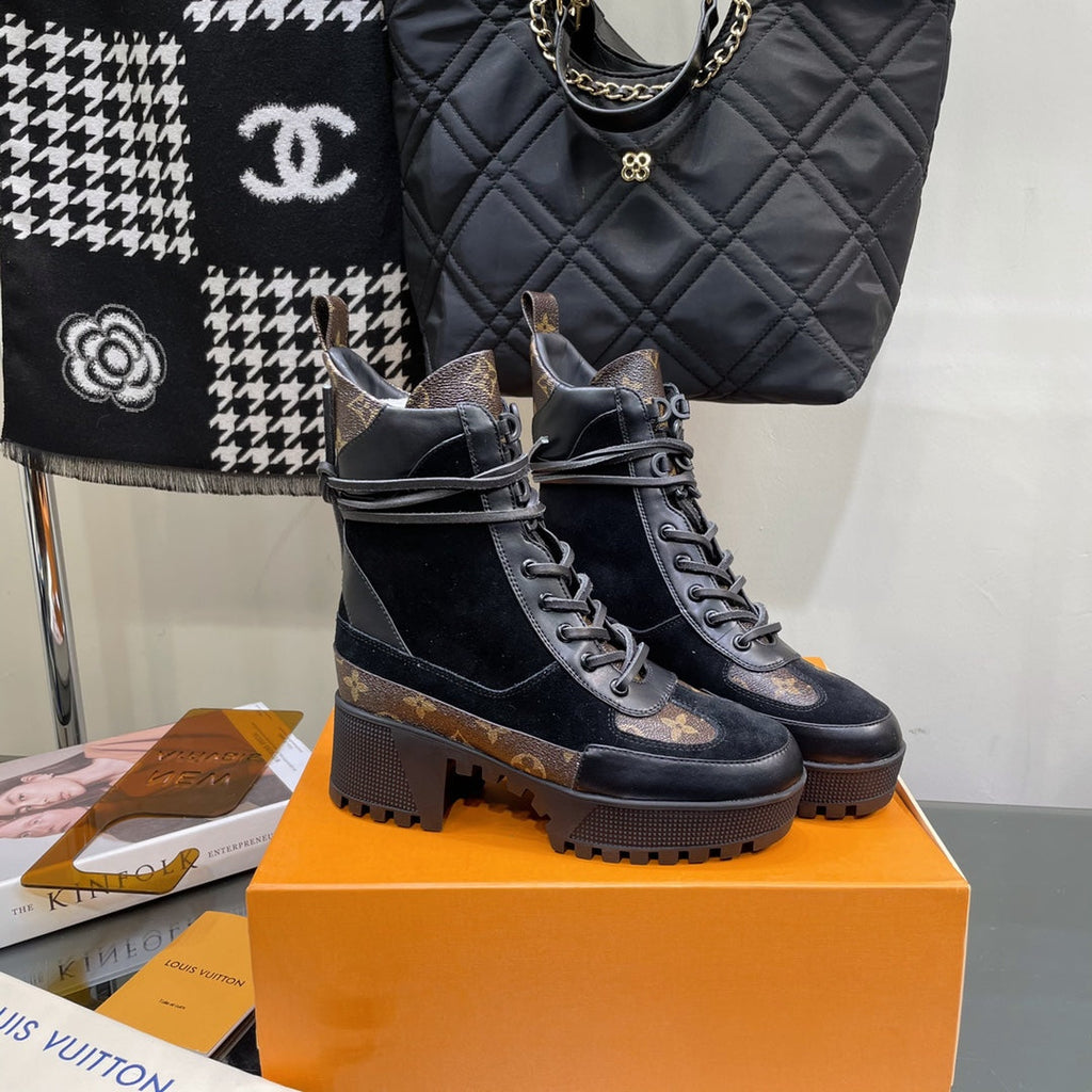 LOUIS VUITTON LAUREATE PLATFORM BOOTS IN BLACK SUEDE AND CHOCOLATE BROWN CALFSKIN