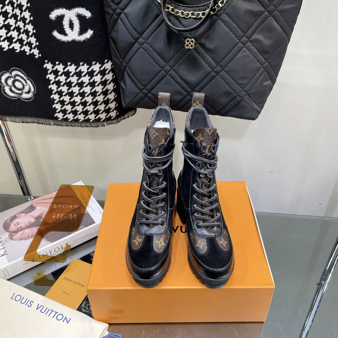 LOUIS VUITTON LAUREATE PLATFORM BOOTS IN BLACK SUEDE AND CHOCOLATE BROWN CALFSKIN