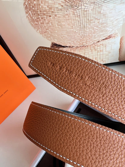 HERMES ROYAL BELT BUCKLE & REVERSIBLE NOIR AND CIDER ORANGE LEATHER STRAP 32 MM SILVER HARDWARE