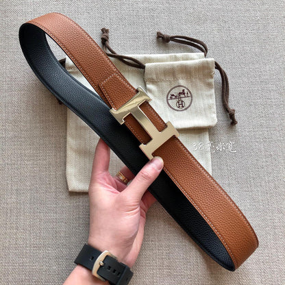 HERMES BELT BUCKLE & REVERSIBLE BLACK AND BRONZE BROWN LEATHER STRAP 38MM GOLD HARDWARE
