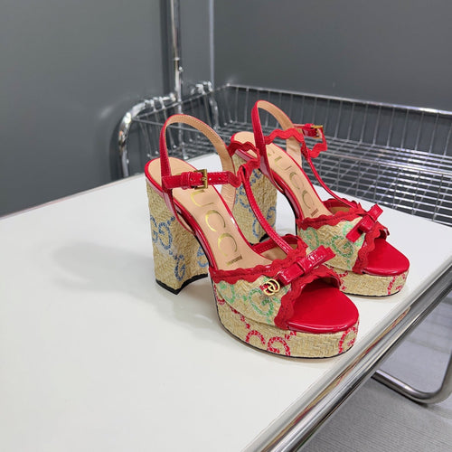 GUCCI 105 HIGH HEEL SANDAL CRIMSON STRAW