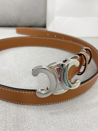 CELINE 25S TRIOMPHE BELT 25MM IN BROWN CALFSKIN SILVER HARDWARE 580678