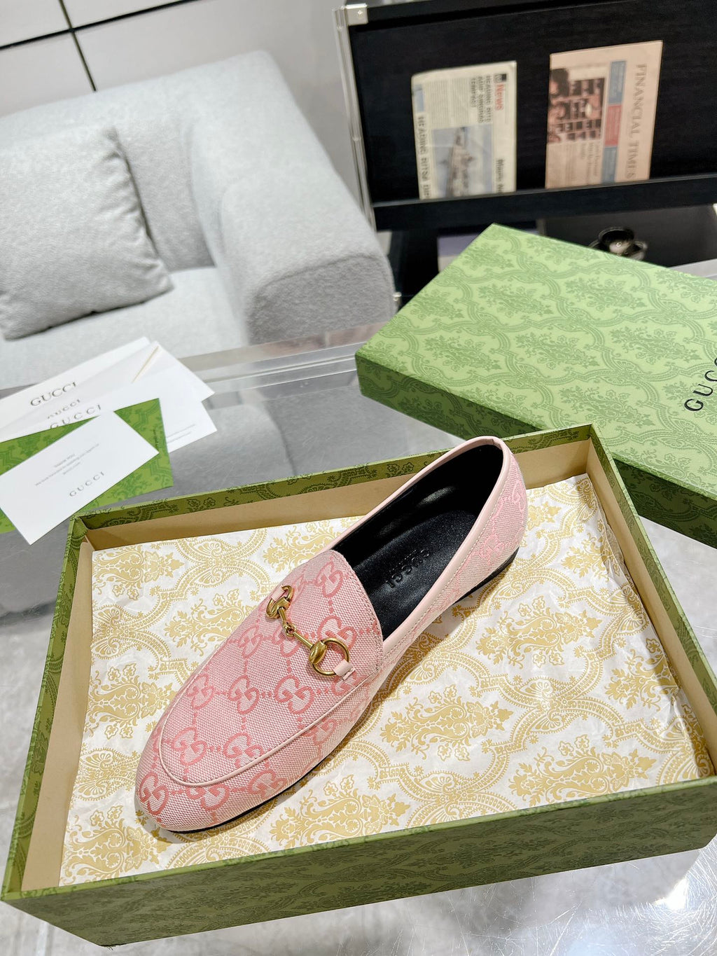GUCCI MEN'S LOAFER WITH HORSEBIT IN PINK PASTEL MONOGRAM JACQUARD FABRIC