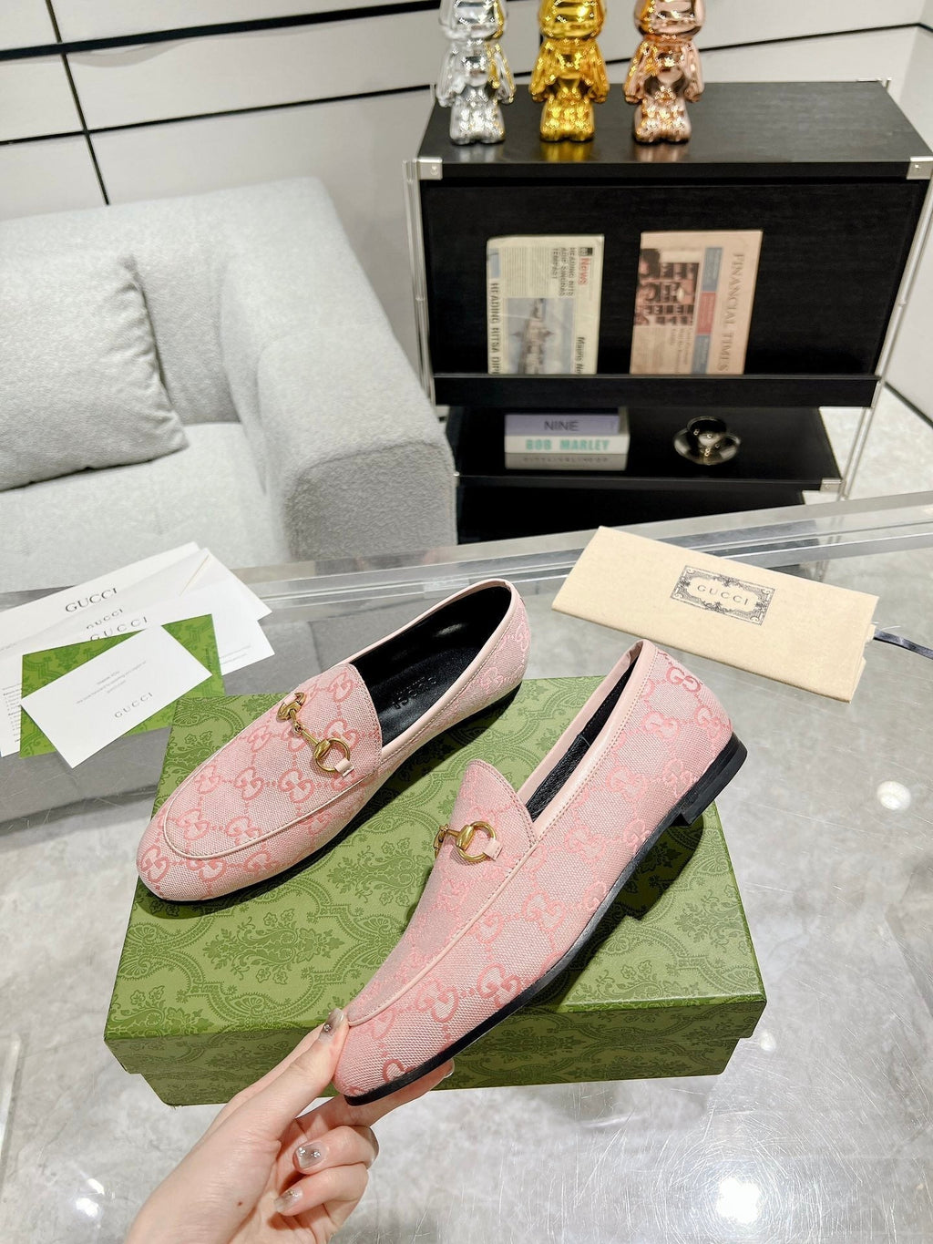 GUCCI MEN'S LOAFER WITH HORSEBIT IN PINK PASTEL MONOGRAM JACQUARD FABRIC