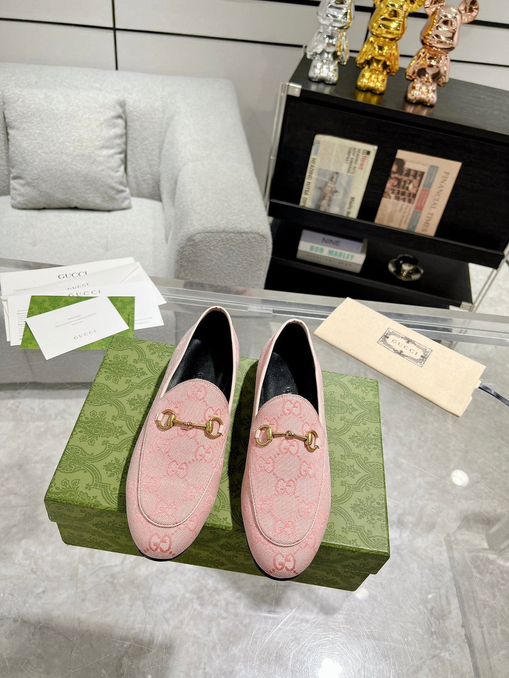 GUCCI MEN'S LOAFER WITH HORSEBIT IN PINK PASTEL MONOGRAM JACQUARD FABRIC