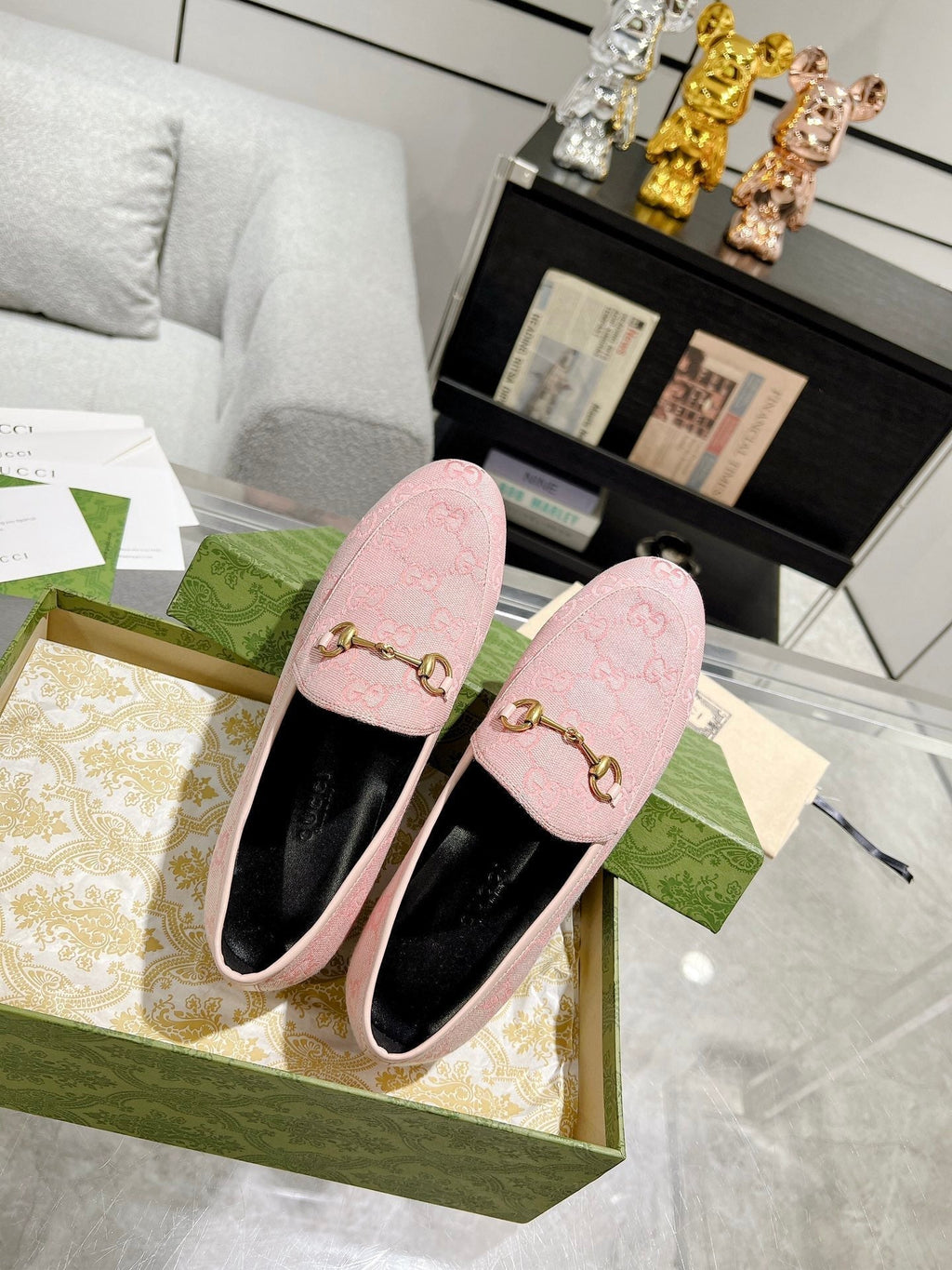 GUCCI MEN'S LOAFER WITH HORSEBIT IN PINK PASTEL MONOGRAM JACQUARD FABRIC
