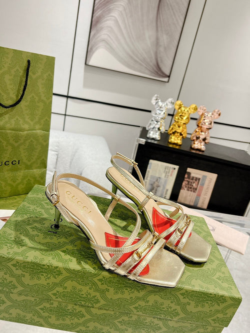 GUCCI CLASSIC STRAPPY HEEL SANDAL METALLIC GOLD CALFSKIN