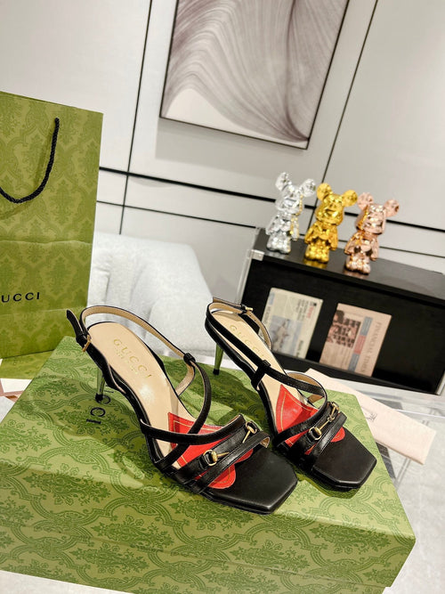 GUCCI CLASSIC STRAPPY HEEL SANDAL BLACK CALFSKIN
