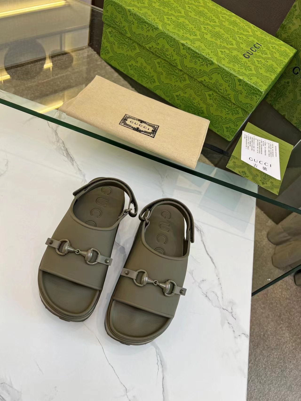 GUCCI HORSEBIT FLATFORM SANDAL 5 CM IN ARMY GREEN IMPORTED TPU