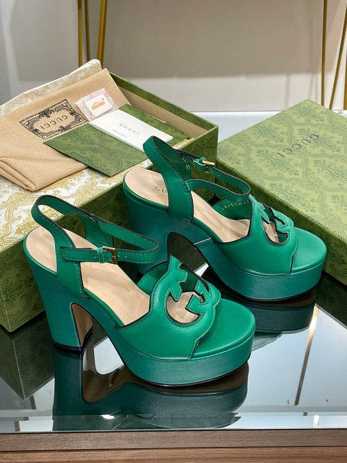 GUCCI 120 INTERLOCKING G SANDAL JADE GREEN CALFSKIN