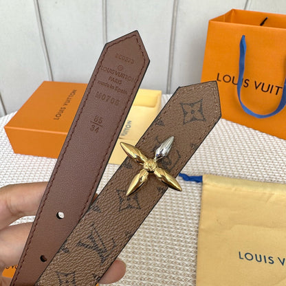 LOUIS VUITTON LV FLOWERGRAM 25 MM REVERSIBLE BELT IN BROWN MONOGRAM CALFSKIN GOLD MIX SILVER HARDWARE