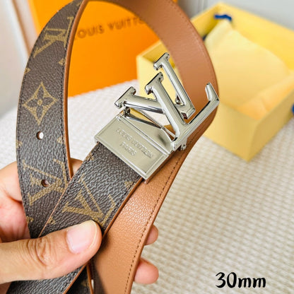 LOUIS VUITTON LV Initiales 30mm Reversible Belt Silver Rotating Buckle Tan Brown Leather