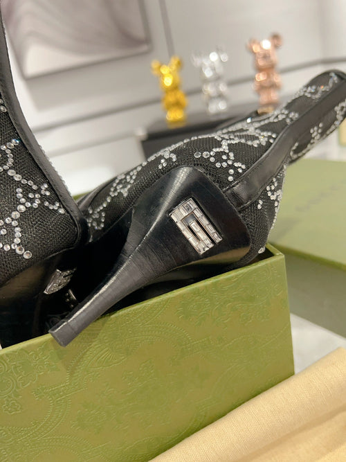 GUCCI ANKLE BOOTS IN BLACK MESH AND SHEEPSKIN WITH CRYSTALS