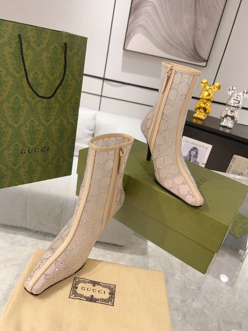 GUCCI ANKLE BOOTS IN BEIGE MESH AND SHEEPSKIN WITH CRYSTALS