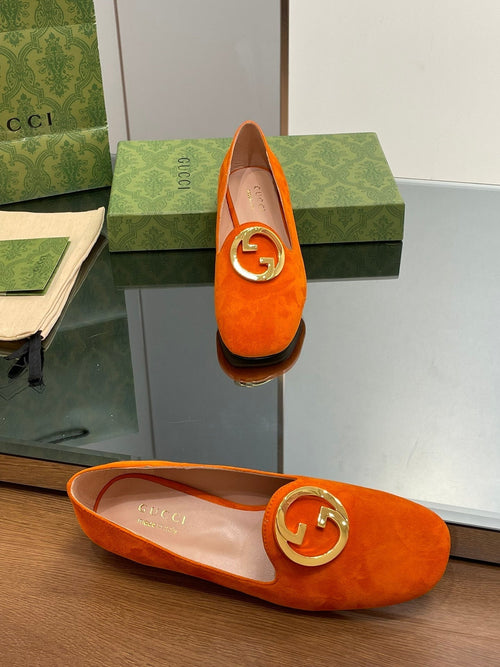 GUCCI BLONDIE LOGO-PLAQUE LOAFERS IN TIGER ORANGE SUEDE WITH GOLD HARDWARE