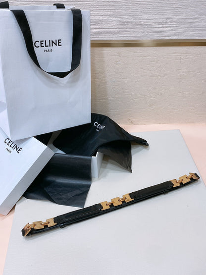CELINE CL SMALL 18 MM GOURMETTE TRIOMPHE ADJUSTABLE BELT IN BLACK LEATHER GOLD HARDWARE